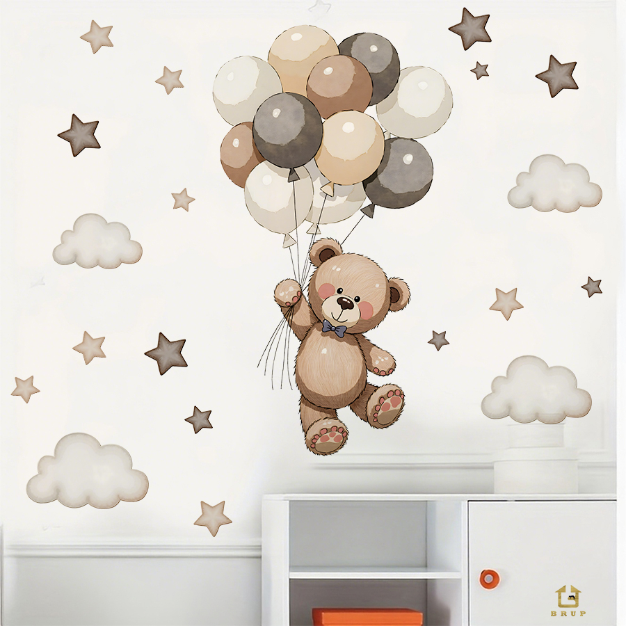 愛らしいテディベアの壁用ステッカー、風船、星、雲付きの取り外 - Baby Nursery Products のレビューと価格