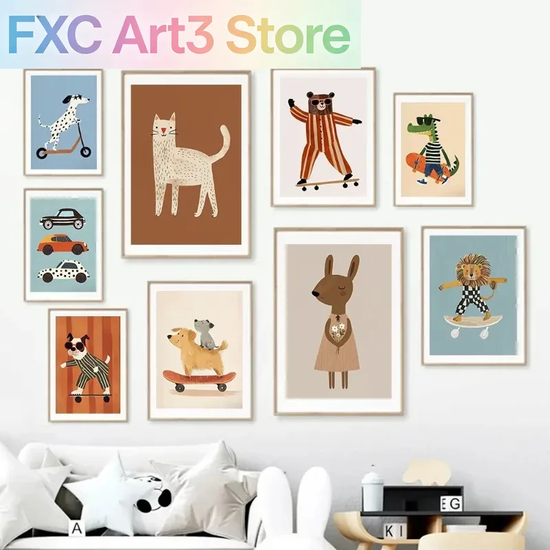 1pc フレームレス面白い動物ウサギ犬猫スケートボードポスタ - Baby Nursery Posters のレビューと価格