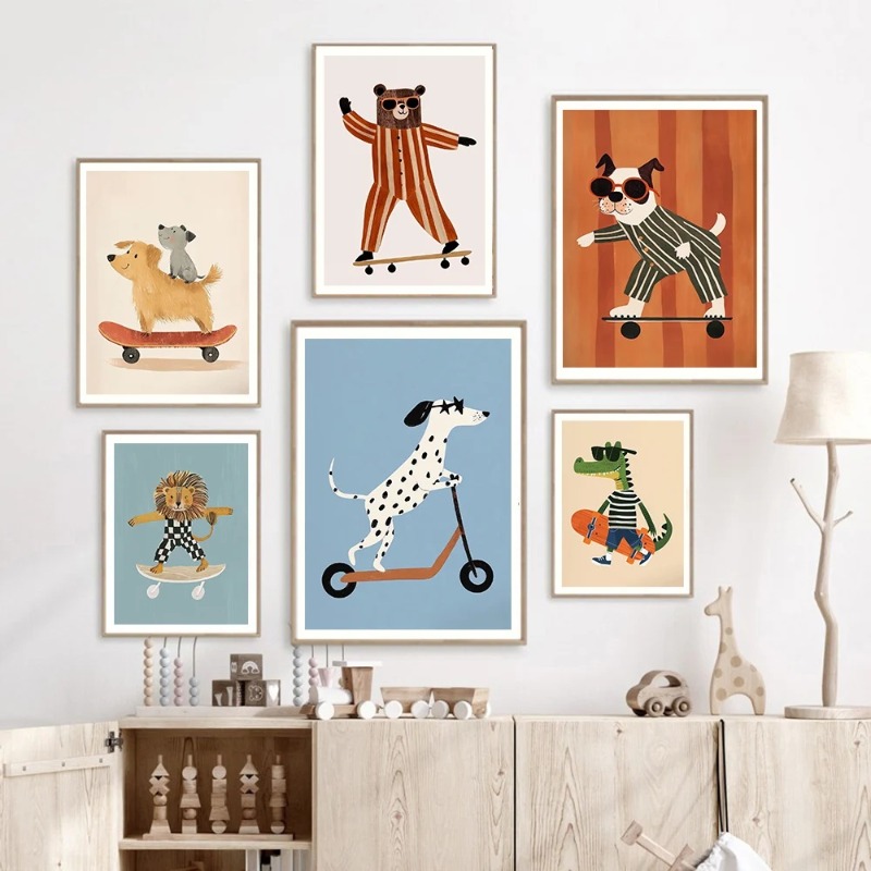 1pc フレームレス面白い動物ウサギ犬猫スケートボードポスタ - Baby Nursery Posters のレビューと価格
