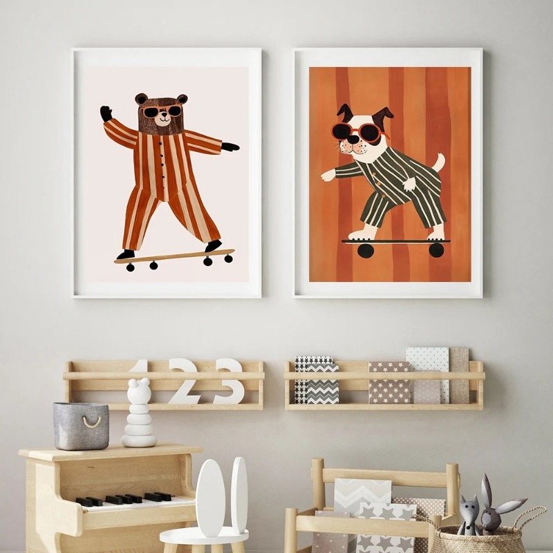 1pc フレームレス面白い動物ウサギ犬猫スケートボードポスタ - Baby Nursery Posters のレビューと価格