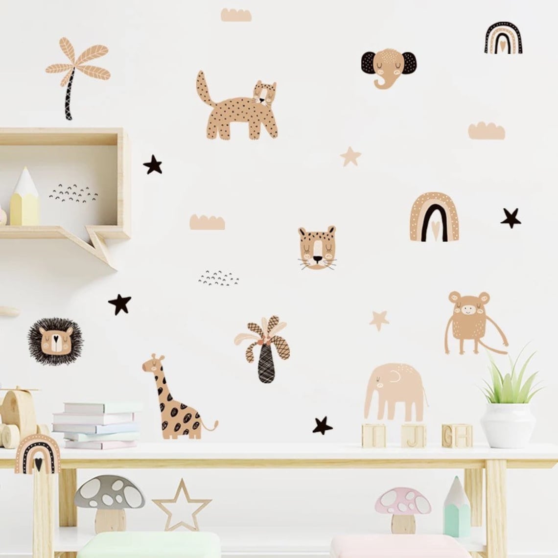 自由奔放に生きる漫画風レインボー星かわいい動物の顔水彩画保育 - Baby Nursery Decor Boy のレビューと価格